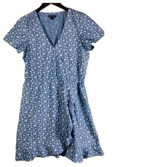 J Crew Sz Small 4 6 Dress Shirtdress Chambray Floral Ruffle Blue Faux Wrap - Picture 2 of 5